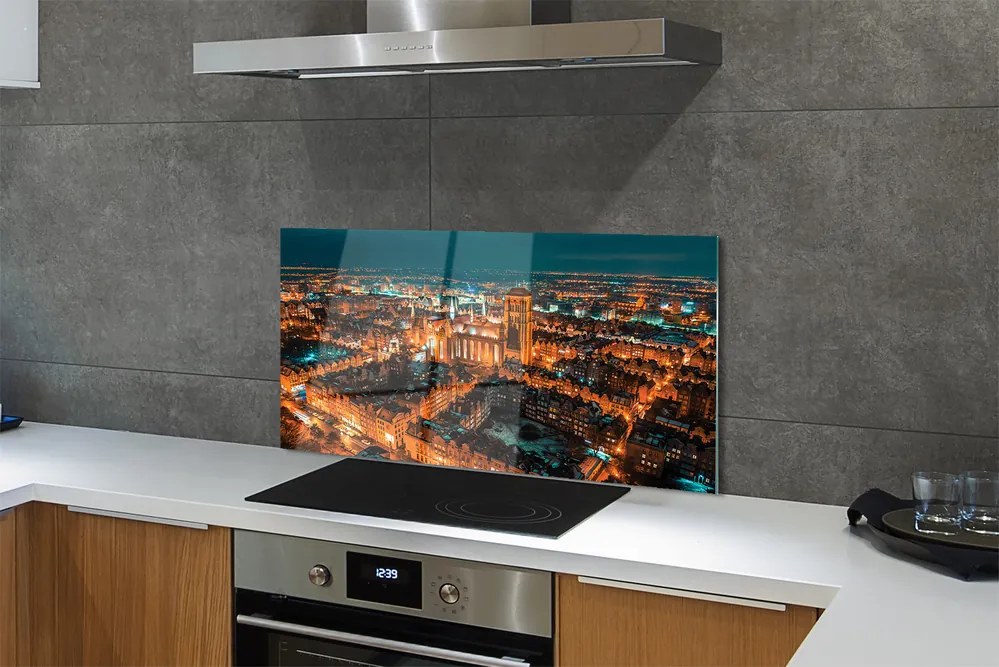 Panel szklany do Kuchni Nocna Panorama Gdańskich Kościołów