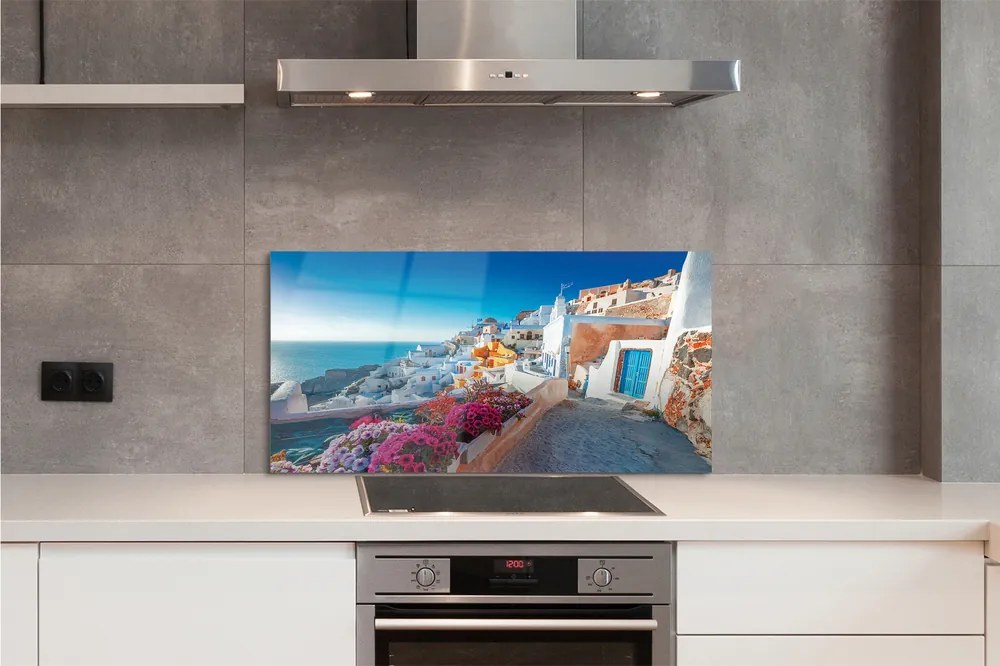 Szkło do Kuchni na Ścianę Biała Architektura i Kwiaty Grecji