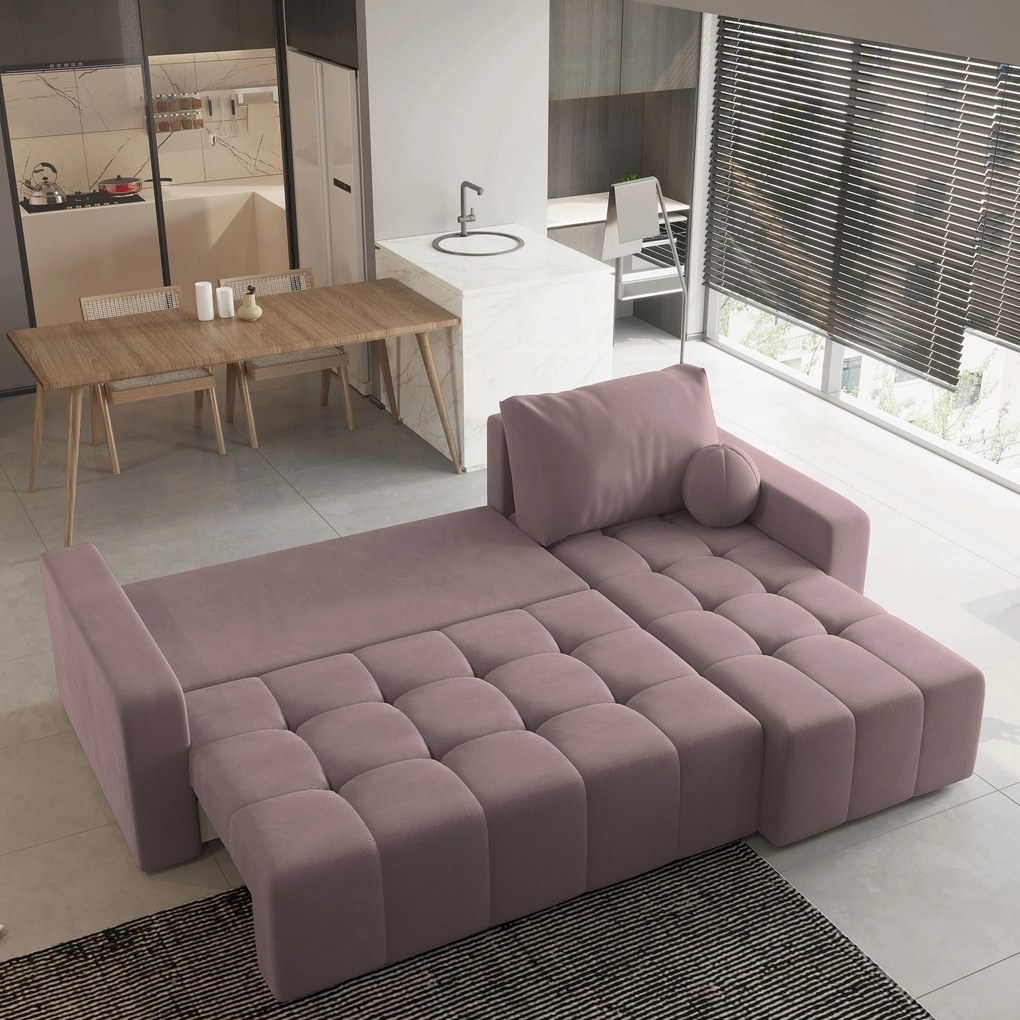 Masseno Narożnik VOLIRA z funkcją spania i pojemnikiem na pościel Narozniki L, Rozkładana sofa - Pudrowy róż, KRONOS 27
