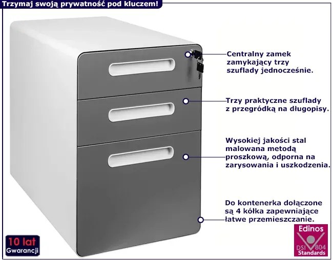 Biało-szary kontenerek z szufladami na klucz - Amaros