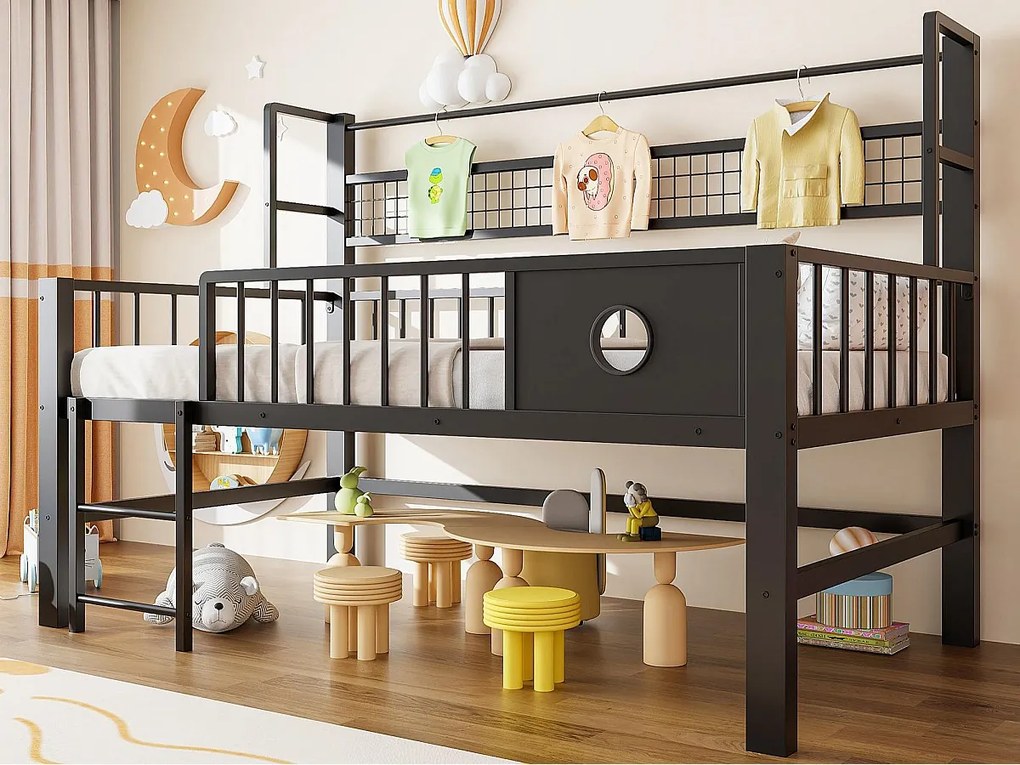 Łóżko dziecięce 90x200cm - Rama metalowa - Z przegródkami do przechowywania - Czarny​ (materac nie jest wliczony w cenę)