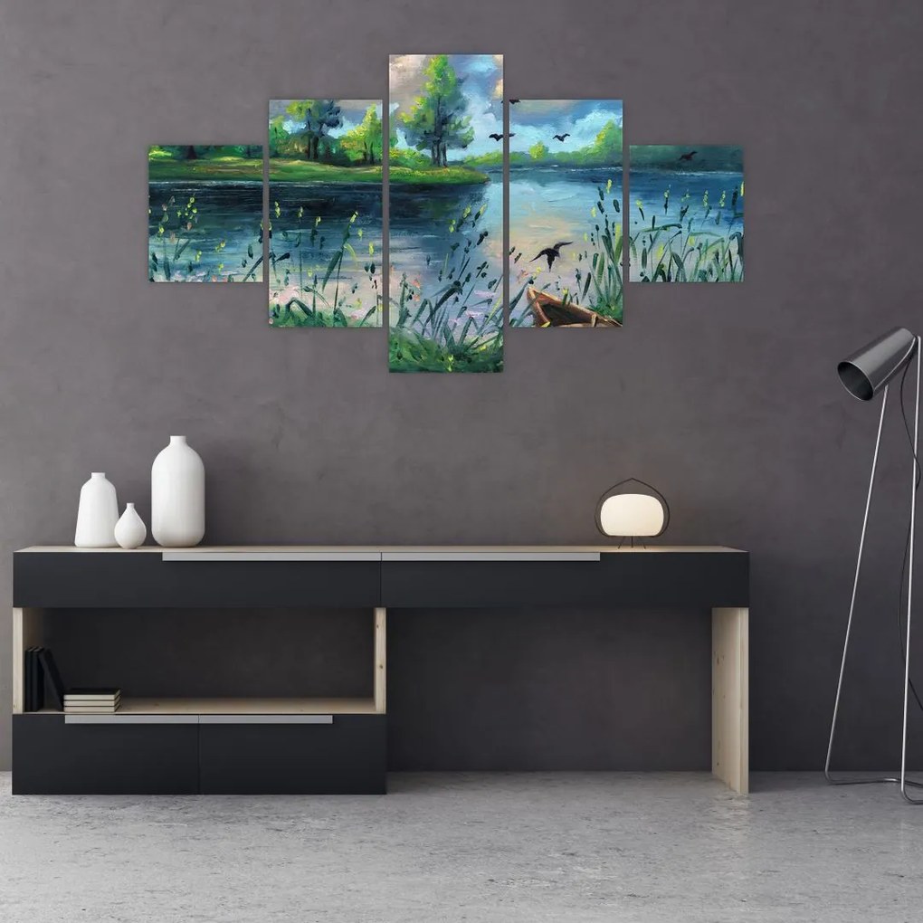 Obraz - Obraz olejny, Wczesny letni wieczór nad jeziorem (125x70 cm)