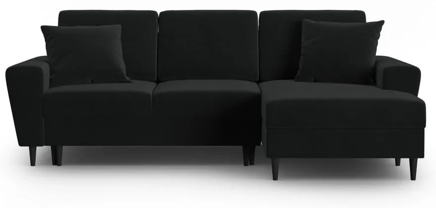 Czarny aksamitny rozkładany/ze schowkiem narożnik (prawostronny/z szezlongiem) Kyoto – Cosmopolitan Design