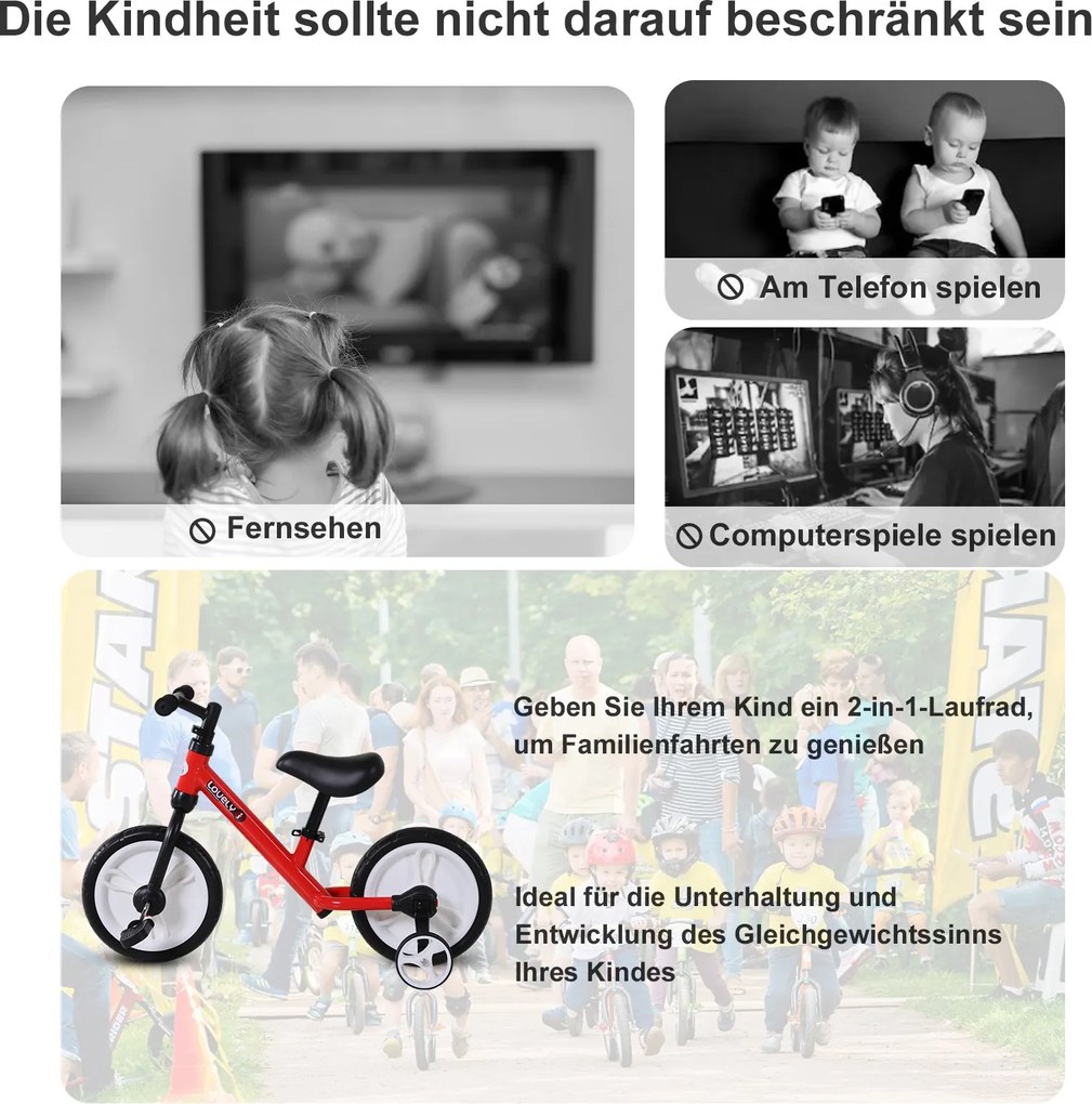 HOMCOM Rowerek Biegowy 2 w 1 Dla Dzieci Z Kółkami Podporowymi i Pedałami 2-5 Lat PP Czerwony | Aosom PL