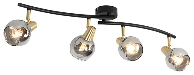 Lampa sufitowa art deco złota z przydymionym szkłem 4-punktowa - Vidro ArtDeco Oswietlenie wewnetrzne