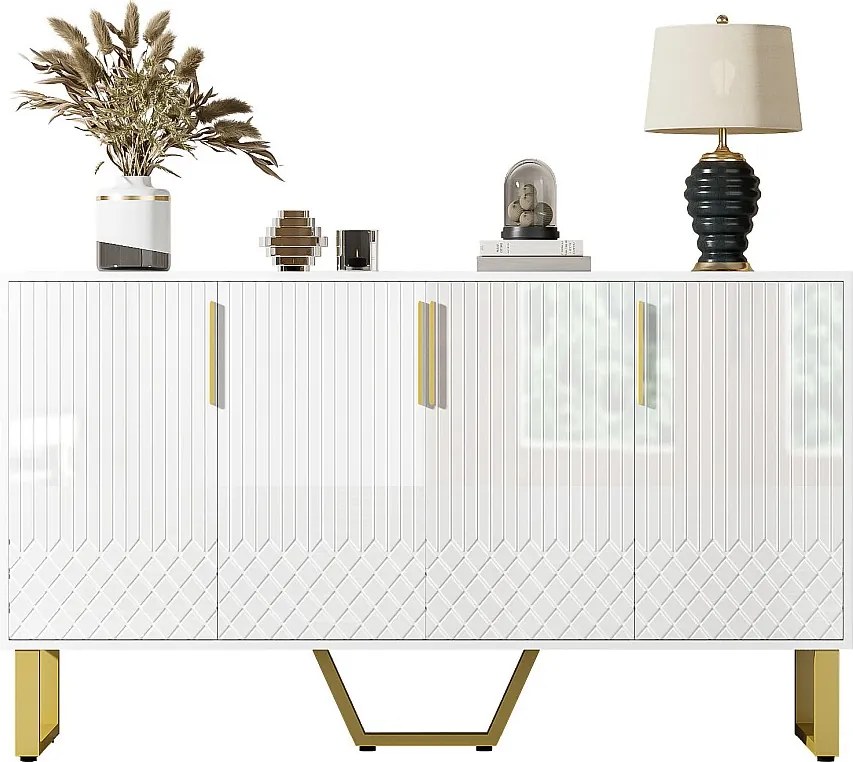 Komoda niska o wysokim połysku - 140 x 40 x 80 cm - z 4 drzwiami - uchwyty i nóżki metalowe - MDF - biała