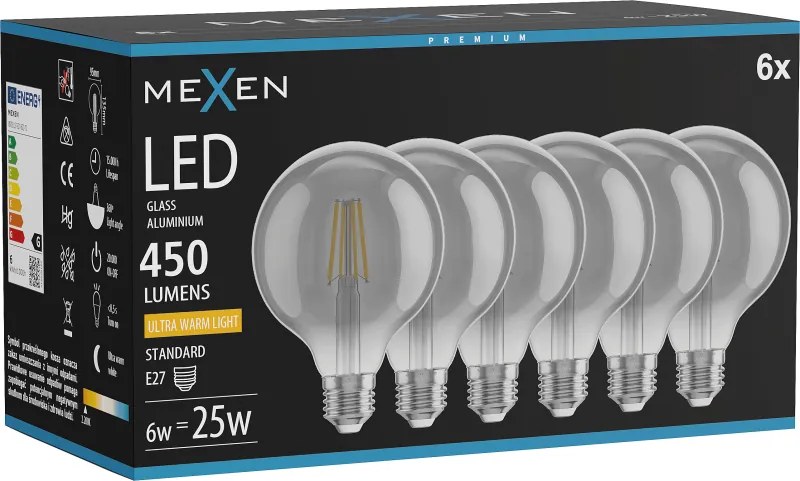 Mexen Vintis 6x żarówka filament LED E27, G95, 6W, Ciepła - 2200K, 450 lm, smoke - L157-E27-0622-70x06
