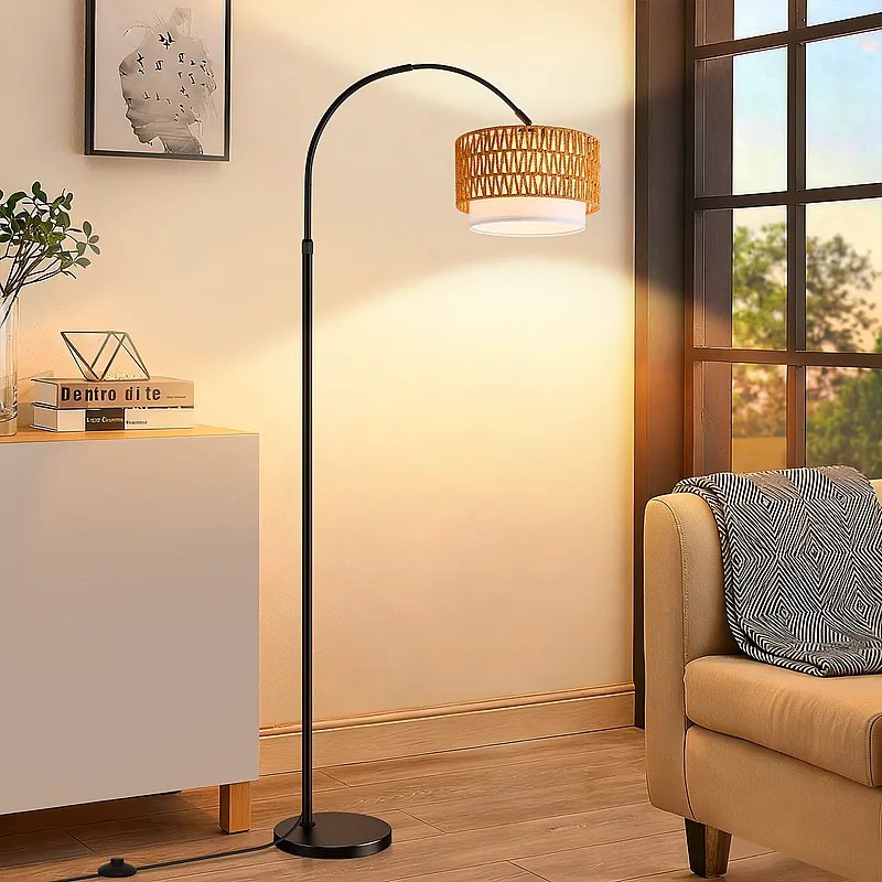Lampa podłogowa Nettlife w stylu boho z rattanu w kształcie łuku – vintage, ściemnialna z pilotem, żarówka LED E27 9 W, wysokość 165–180 cm, obrotowa, czarna