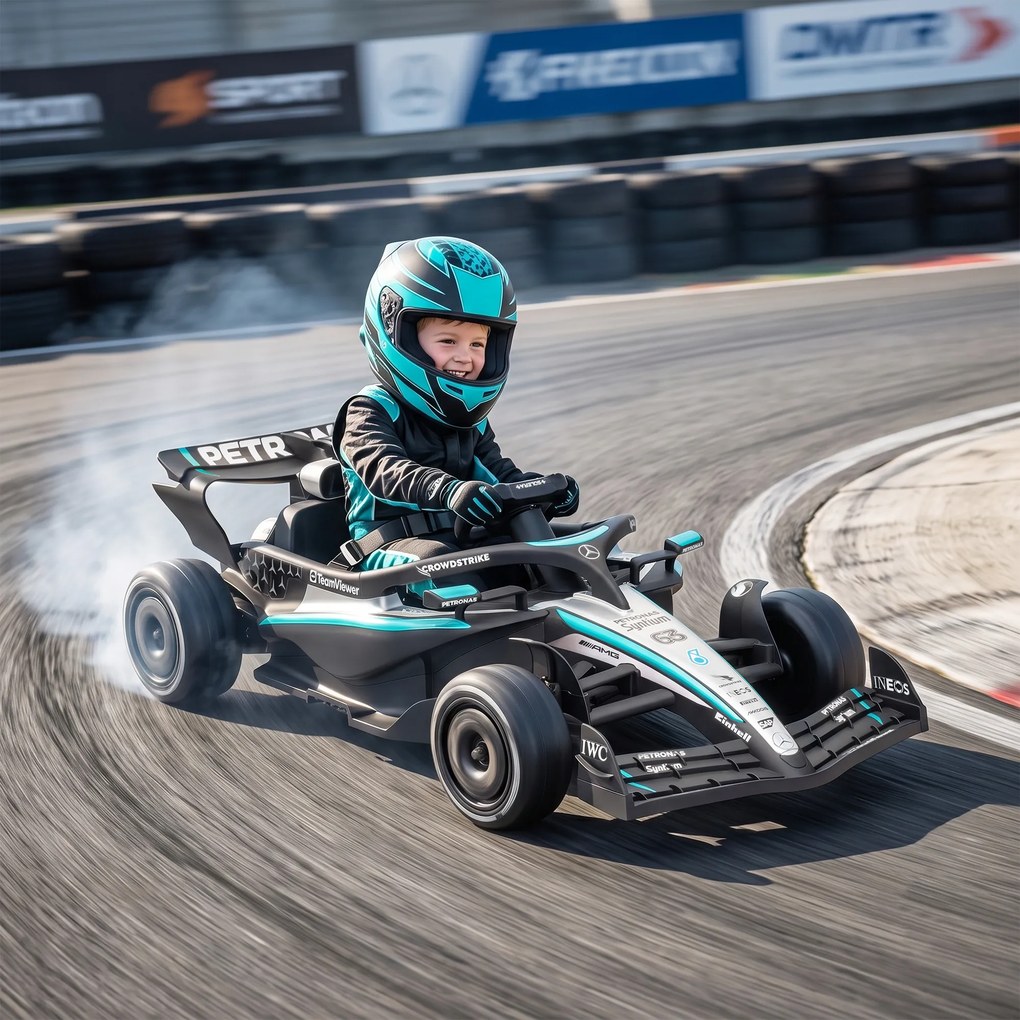 AIYAPLAY Mercedes-AMG PETRONAS F1 12 V Elektryczny gokart dla dzieci z akumulatorem litowym, 2 silniki, miękki start | Aosom PL