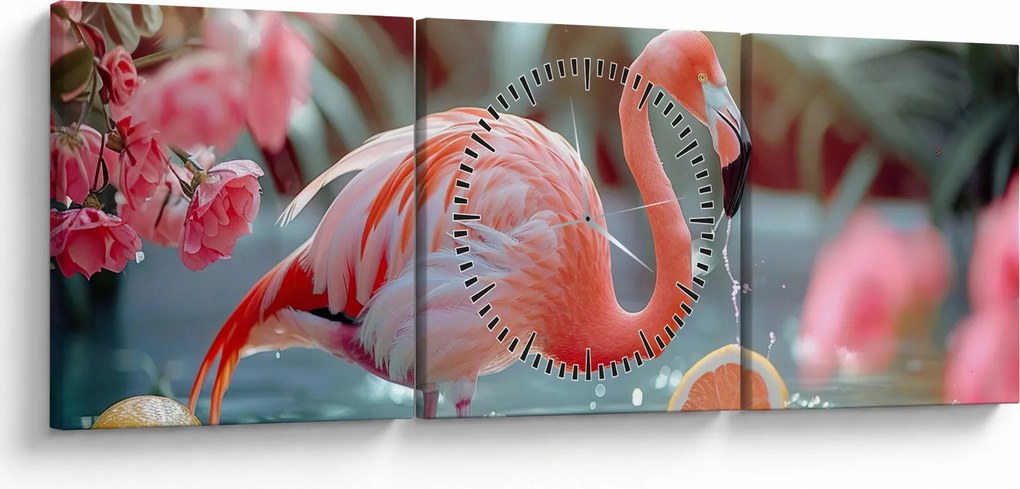 Obraz - Flaming w stawie (z zegarem) (90x30 cm)