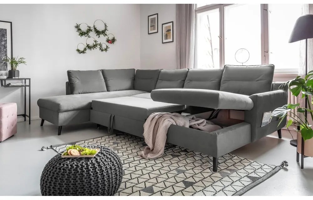 Jasnoszara aksamitna rozkładana sofa w kształcie litery "U" Miuform Stylish Stan, lewostronna