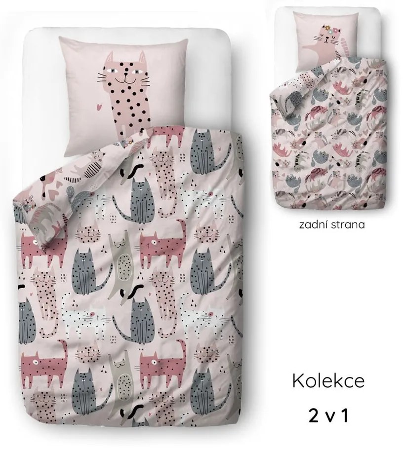 Różowa pościel dziecięca jednoosobowa z satyny bawełnianej 135x200 cm Meow Meow – Butter Kings