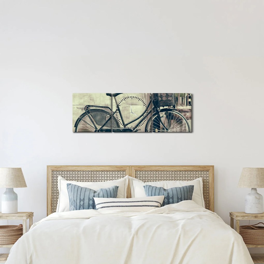 Obraz - Vintage rower z kwiatami (z zegarem) (90x30 cm)