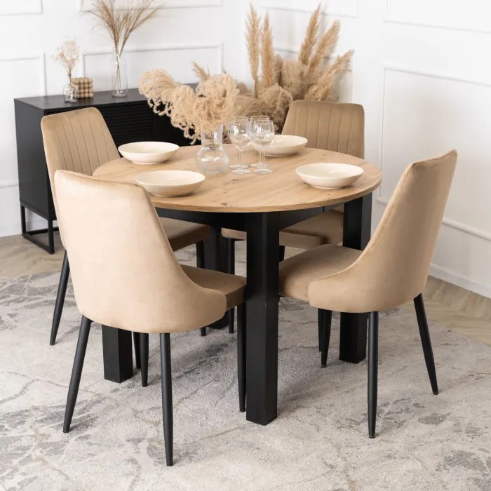 Zestaw Stół Okrągły Rozkładany HARRY 102-142 cm Dąb Artisan/Czarny i 4 Krzesła Tapicerowane BARI Beż Nowoczesne