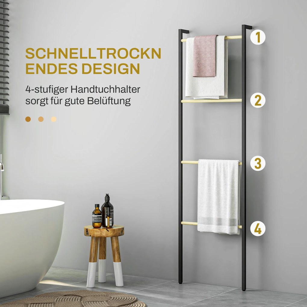 HOMCOM Stojak na ręczniki, wolnostojący, 4 szczeble, 49x5,5x167,5 cm, Czarny/Natur