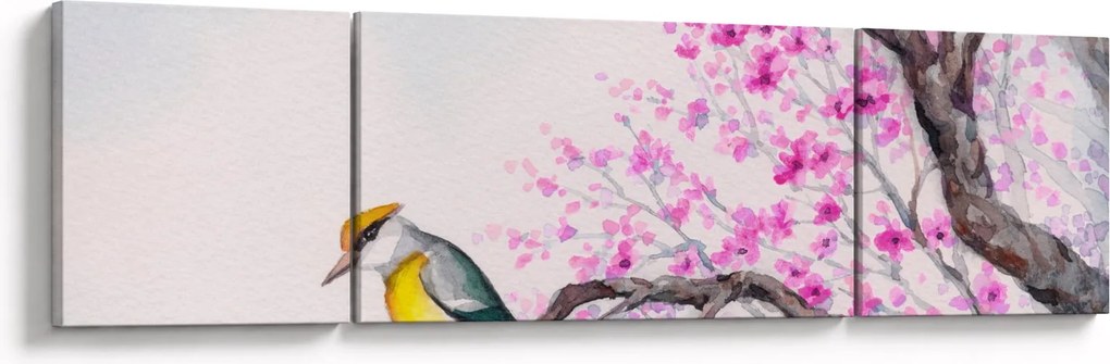 Obraz - ptak na drzewie z różowymi kwiatami (170x50 cm)