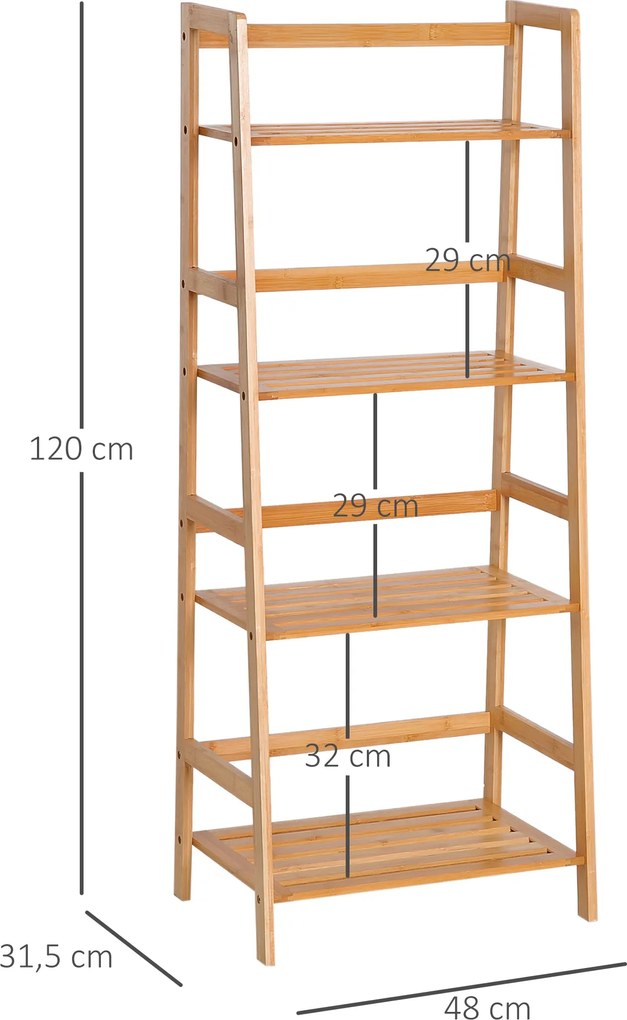 HOMCOM Regał na Książki, 4 Poziomy, Design Drabiniasty, Bambus, Kolor Naturalny