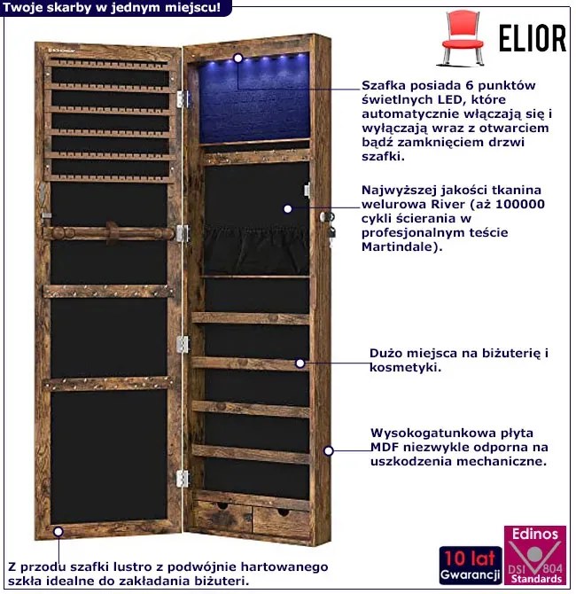 Industrialna ścienna szafka na biżuterię z led rustyklany brąz Z9-Z73