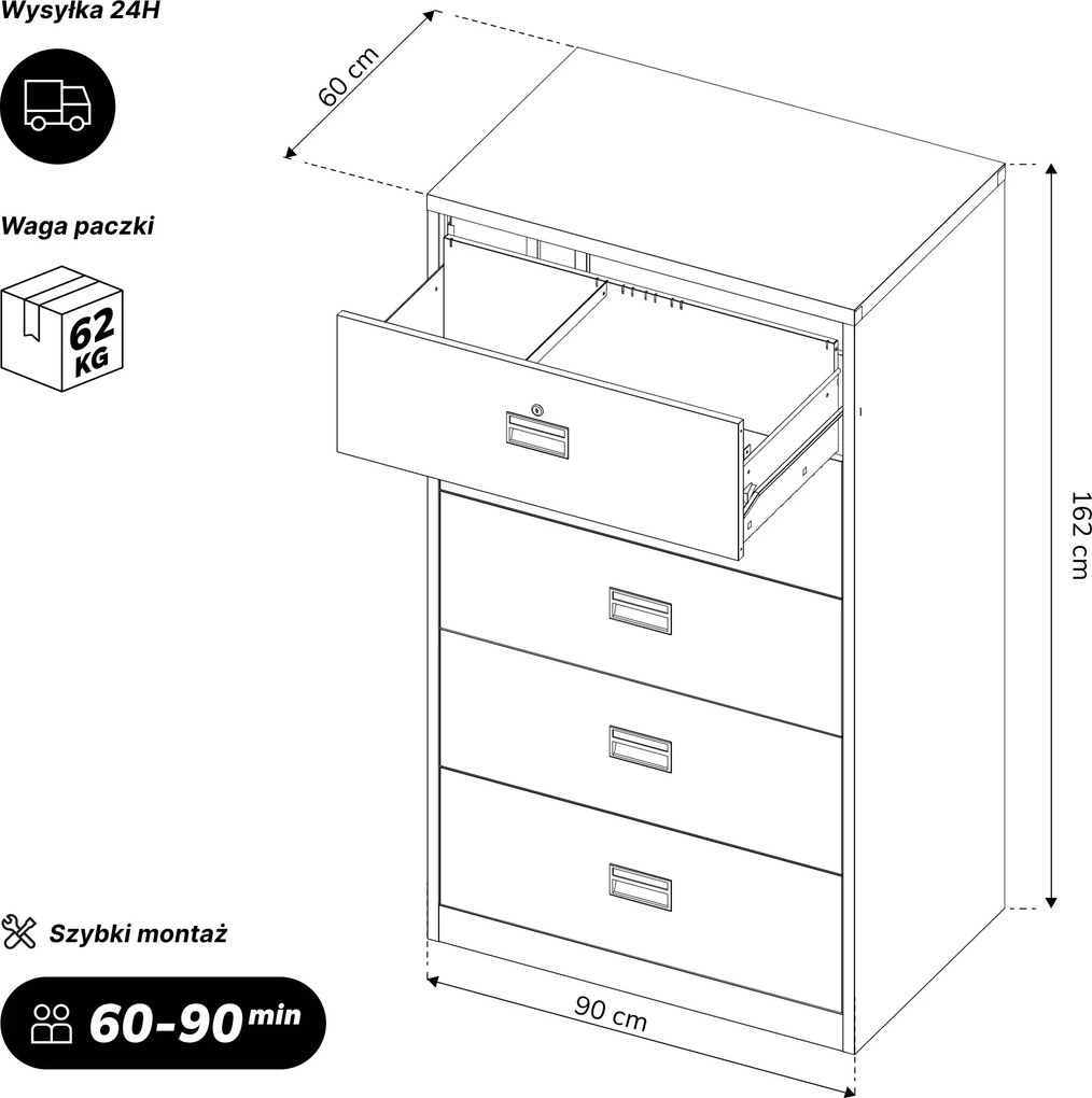 Szafa kartotekowa metalowa z 5 szufladami czarna, 900x1620x600 mm: SARA XL V5