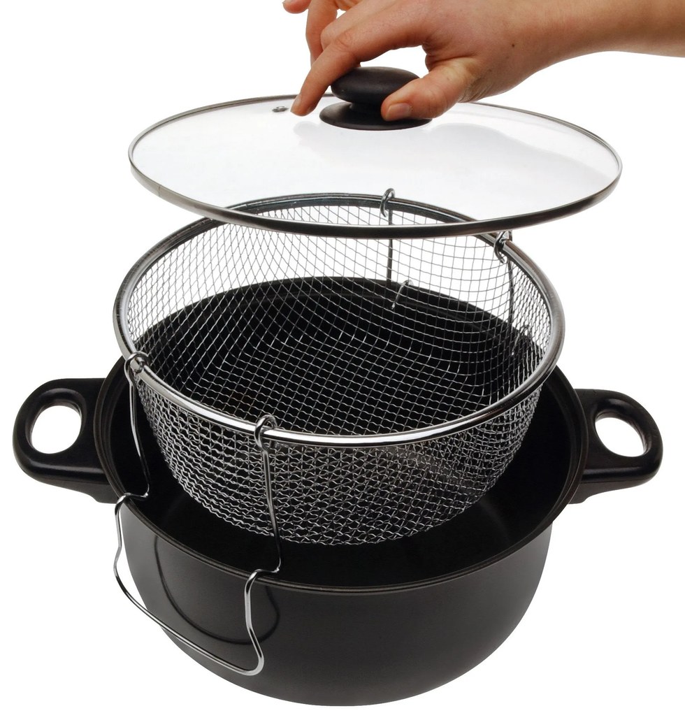 Garnek do smażenia na głębokim oleju z koszyczkiem i szklaną pokrywką, 26 cm