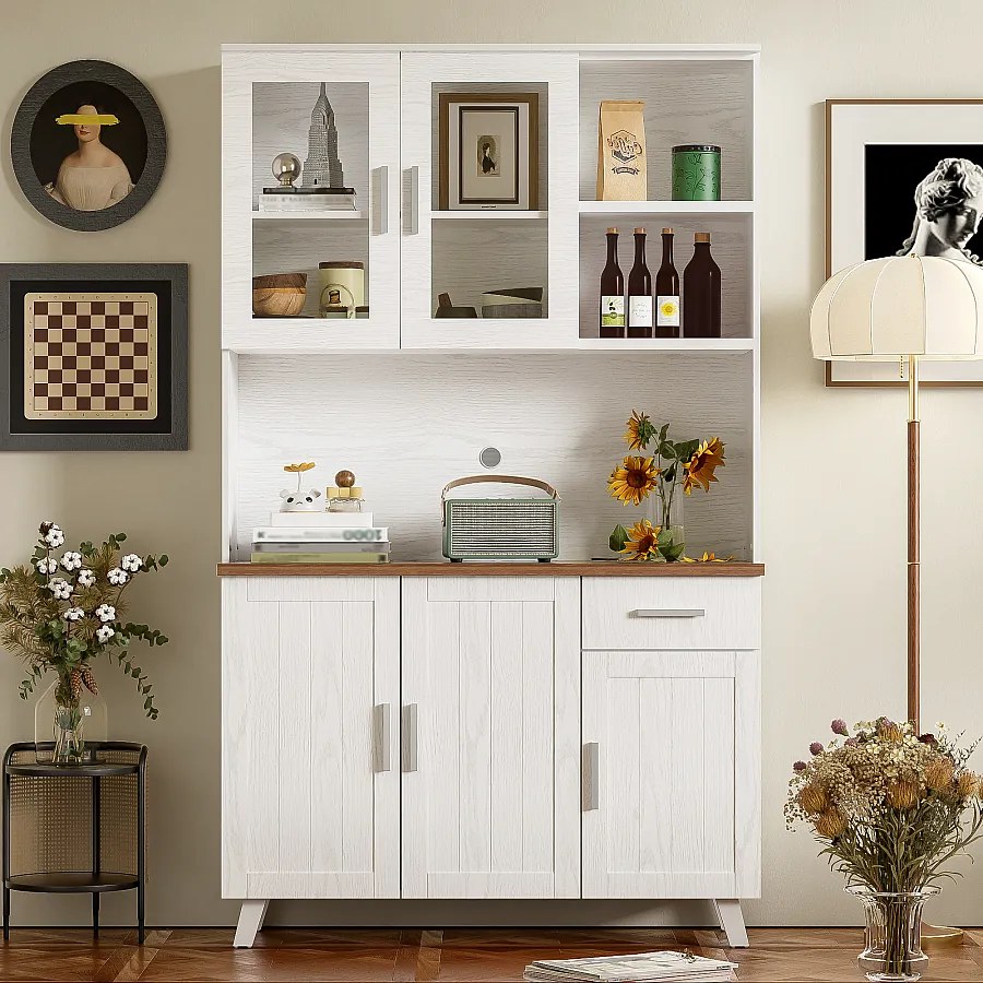 Komoda wysoka z 5 drzwiami, 1 szufladą i otwartymi przegródkami - 114 x 40 x 190 cm - Płyta wiórowa - Biały