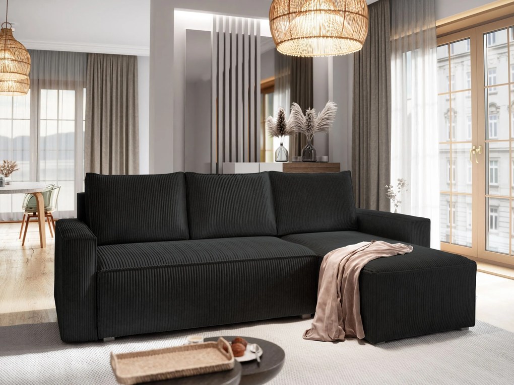 Masseno Narożnik POTARO z funkcją spania i pojemnikiem na pościel Narozniki L, Rozkładana sofa - Czarny, POSO 135