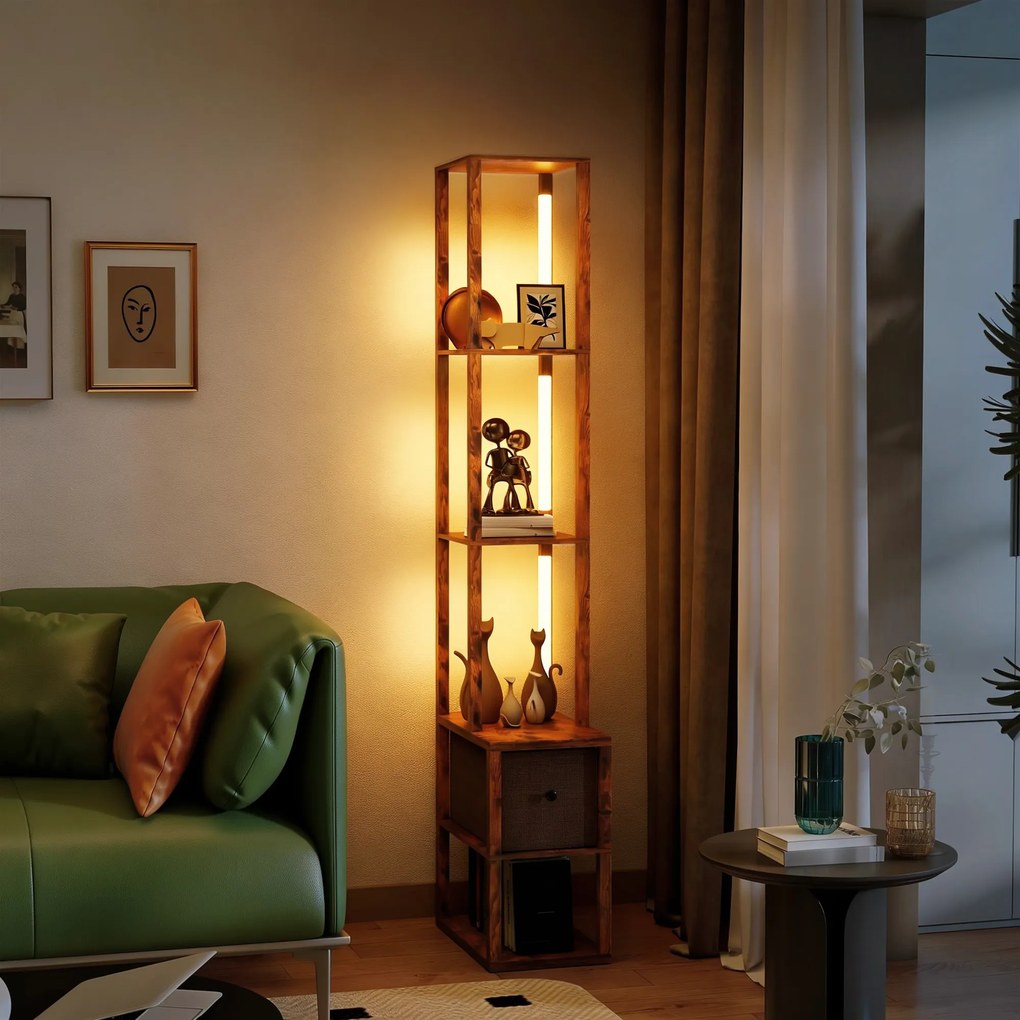 HOMCOM Lampa stojąca LED z półkami, regulowana jasność, włącznik nożny, rustykalny brąz | Aosom PL