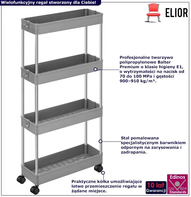 Szary nowoczesny regał na kółkach z 4 półkami - Ivin 6X