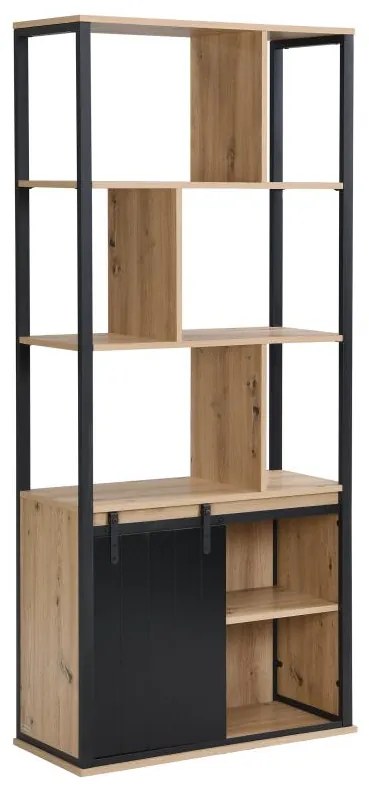Biblioteczka z półkami i 1 przesuwnymi drzwiczkami z MDF i stali - Naturalny i Czarny - YALENA