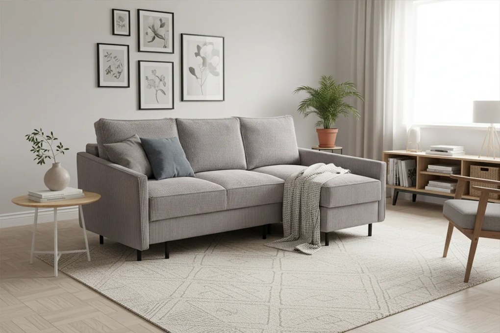 Narożnik tapicerowany VINCI 220x137 cm szary z funkcją spania z pojemnikiem nowoczesny