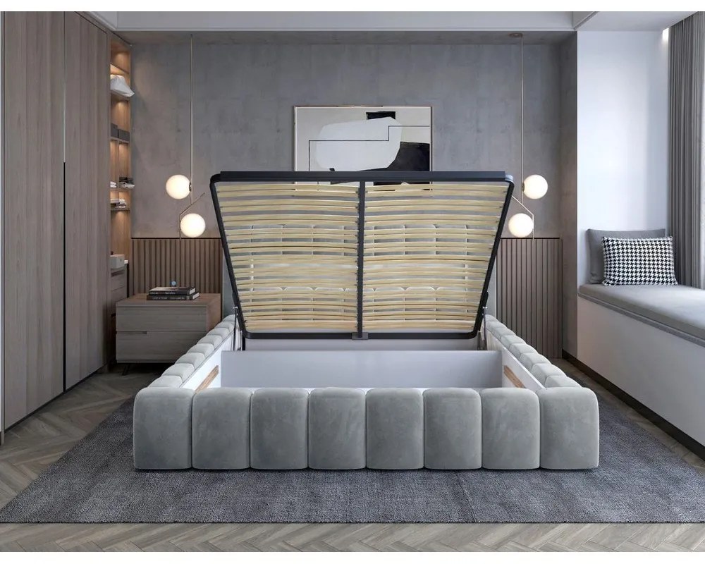 Jasnoszare tapicerowane łóżko dwuosobowe ze schowkiem ze stelażem 160x200 cm Lamica – ELTAP