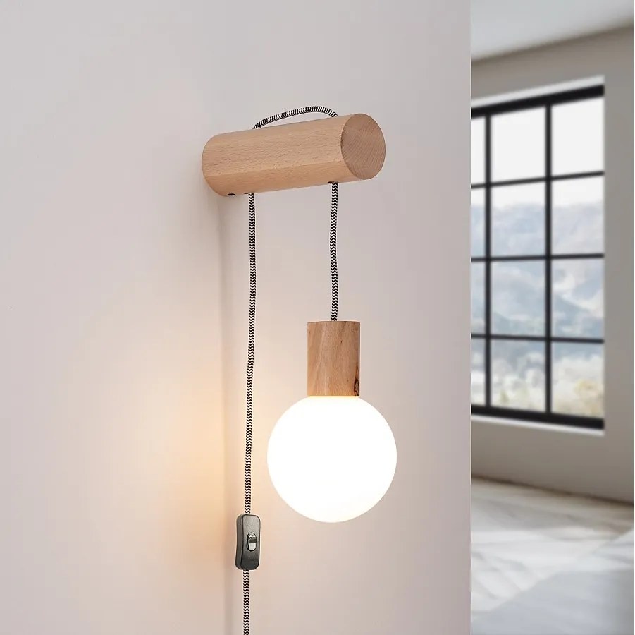 Lampa ścienna loft Zynto, drewno/szkło - 1 źródło światła 3000K - L.6 x H.67 cm - naturalne drewno/biały/czarny