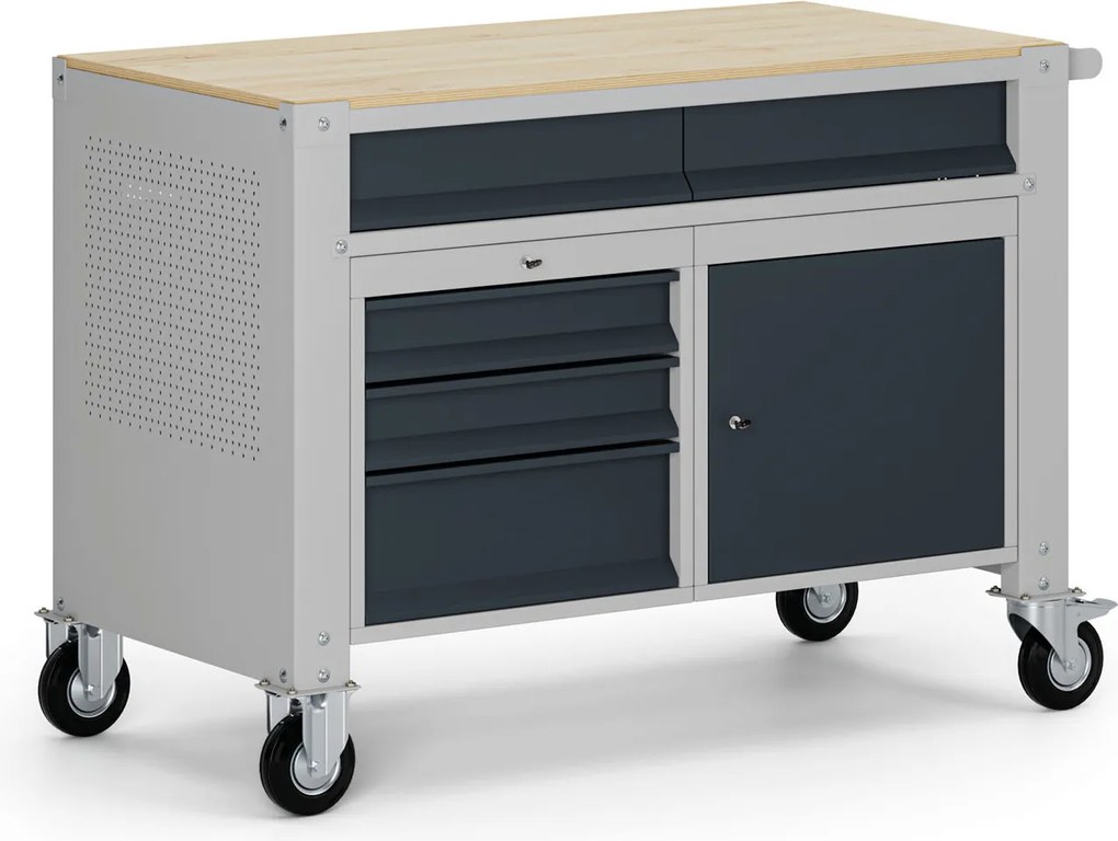 Mobilny stół warsztatowy G9, 1 szafka, 5 szuflad, 1180 x 595 x 865-1130 mm, szary/grafitowy