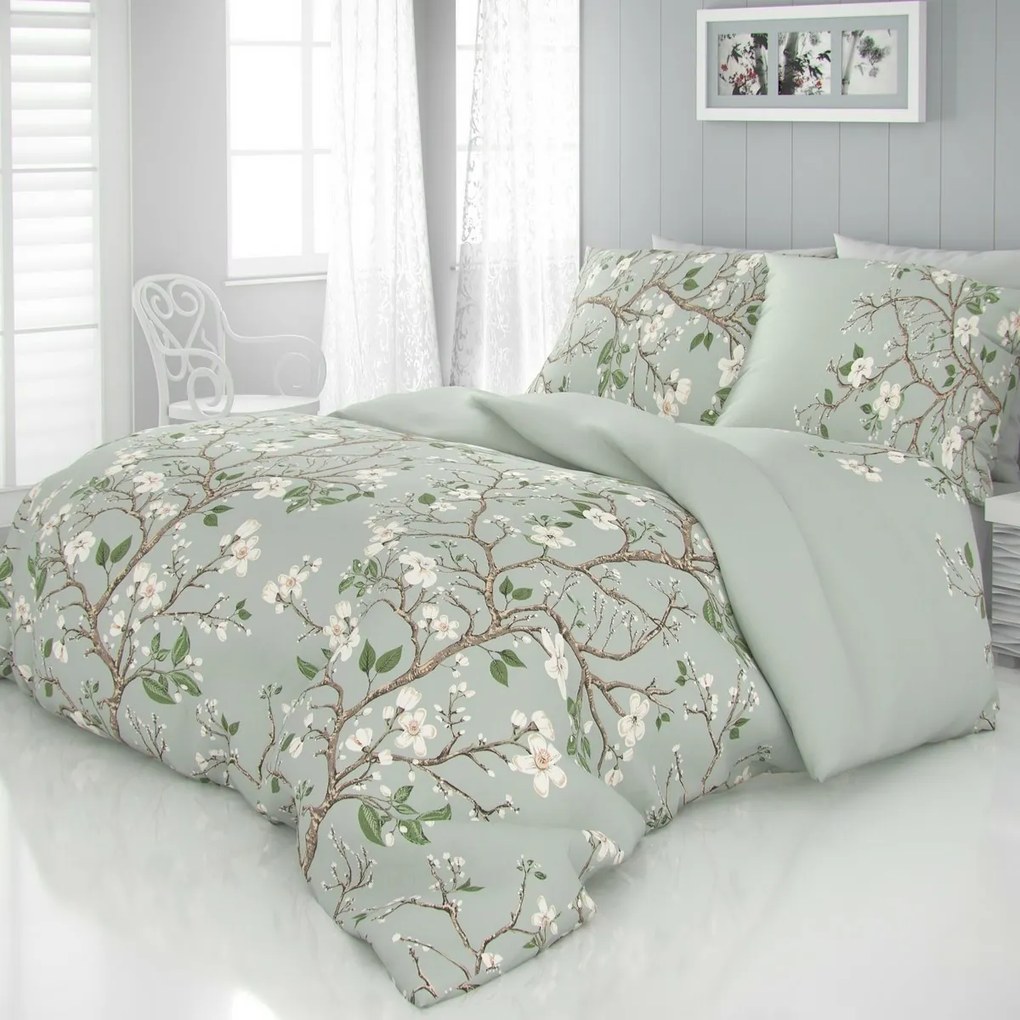 Pościel satynowa Wiosna zielony, 220 x 200 cm, 2 szt. 70 x 90 cm