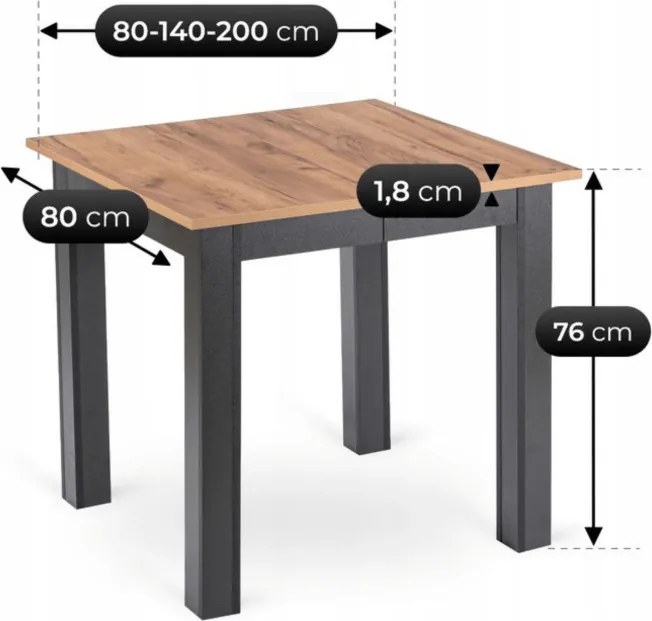 Stół Kwadratowy Rozkładany BEN 80-200 cm Dąb Craft/Czarny Nowoczesny Loft