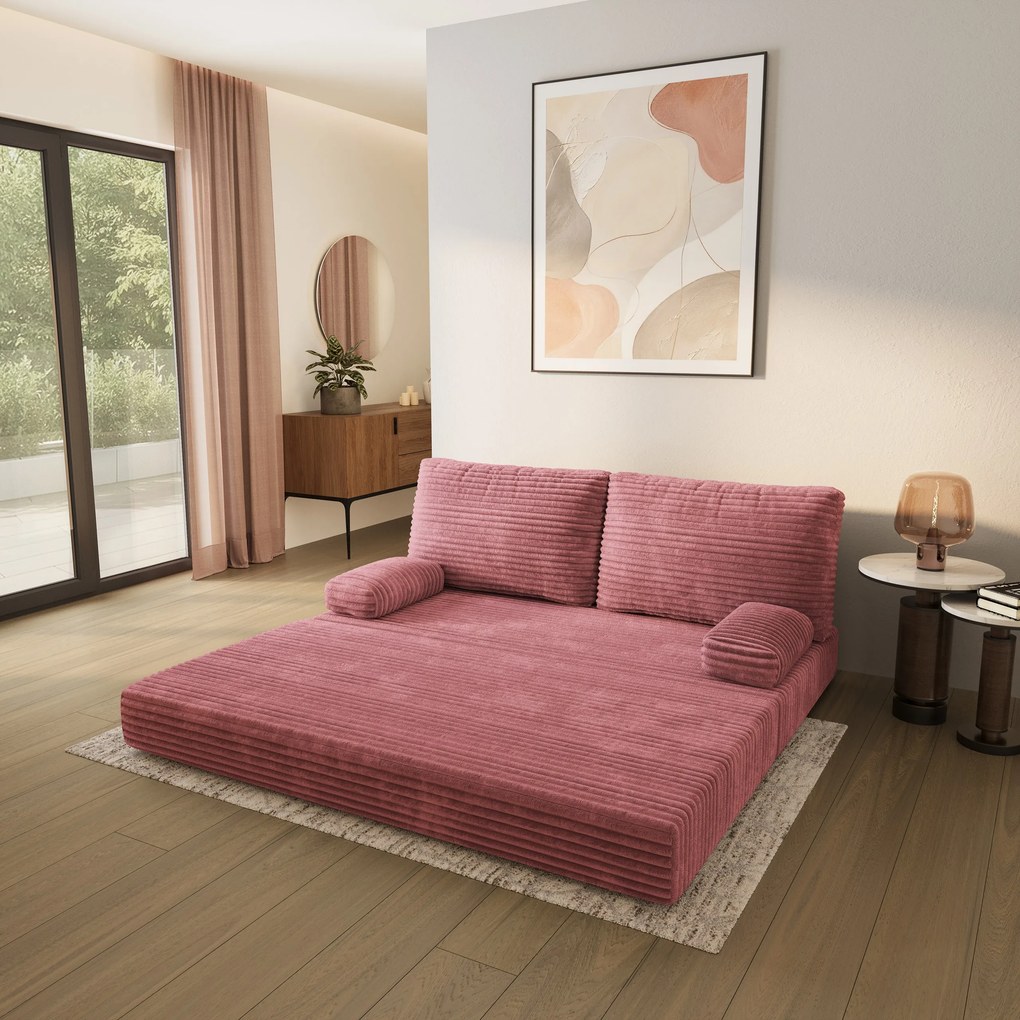 Masseno Sofa piankowa SILAR z funkcją spania, Kanapa z pianki do salonu, Bezmontażowa, Tkanina sztruksowa – Pudrowy róż TILIA 62