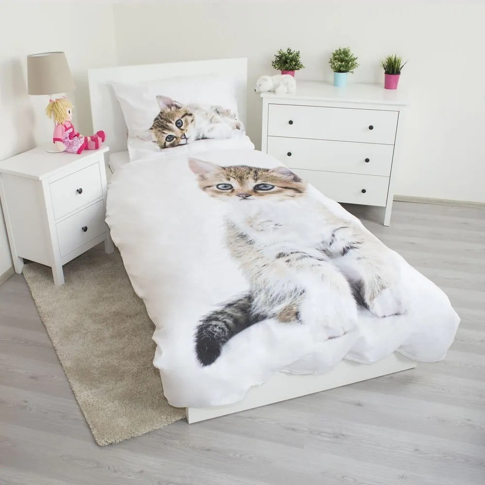 Biała bawełniana pościel dziecięca jednoosobowa 140x200 cm Kitten – Jerry Fabrics