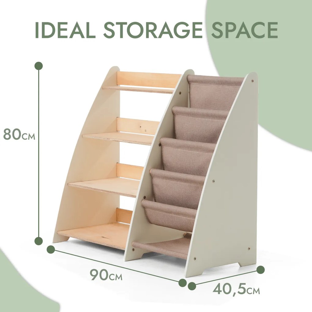 Regały Montessori na książki i zabawki dla maluchów 2w1