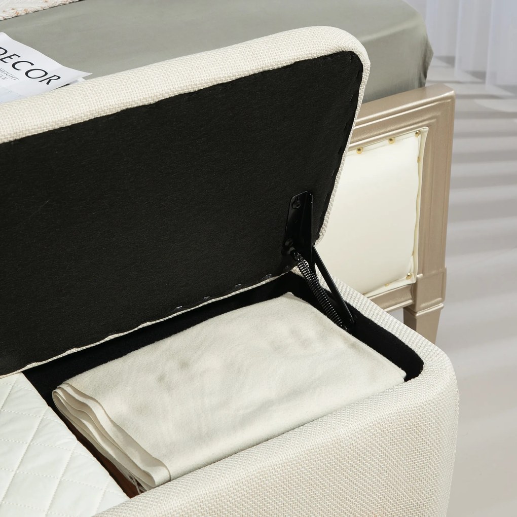 HOMCOM Taboret z Miejscem do Przechowywania, Ławka z Wyściółką z Pianki, Imitacja Lnu, 111 x 44 x 44,5 cm, Kremowy | Aosom PL