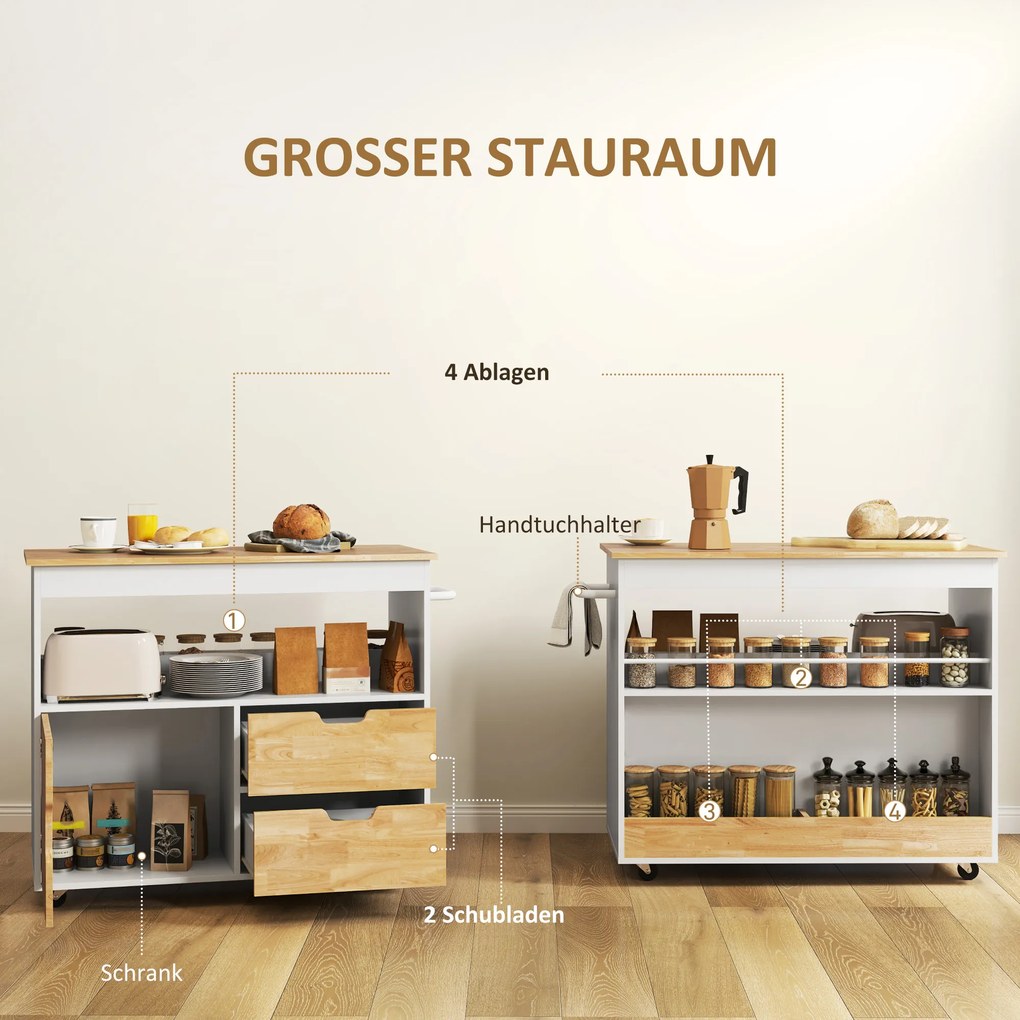 HOMCOM Wózek kuchenny, przenośna wyspa kuchenna, trolley kuchenny z przegrodami, szafką i blatem roboczym, Biały