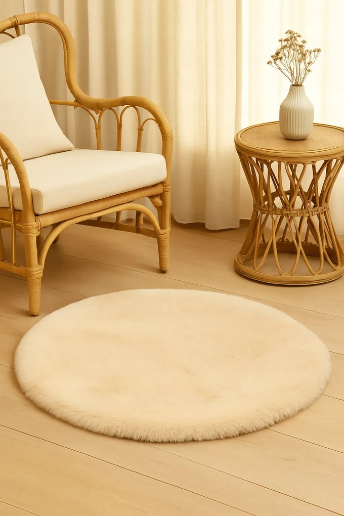 Dywanik futrzany kremowy okrągły FI80cm miękki puszysty guma antypoślizgowa