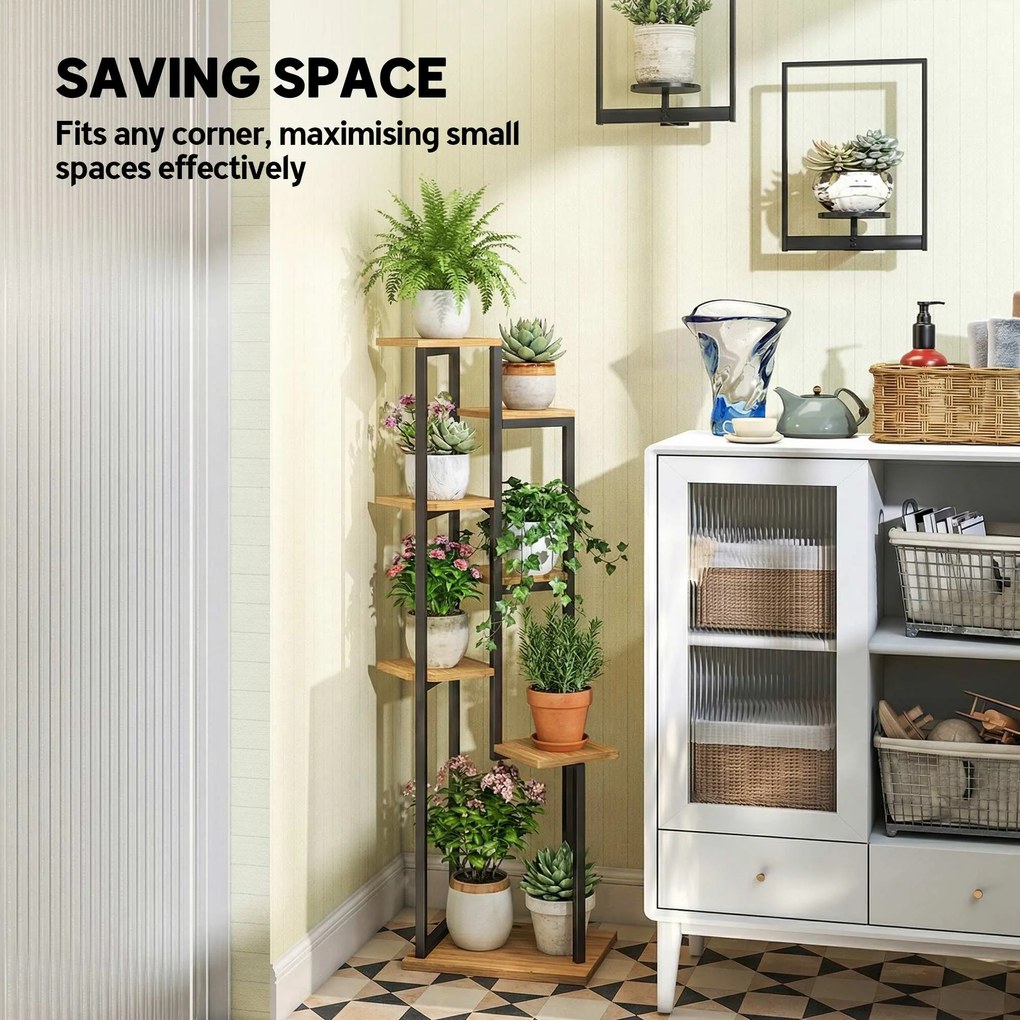 Outsunny 7-piętrowy stojak na rośliny, 130 cm wys., stopniowany regał z drewna, wielopoziomowy, jasnobrązowy | Aosom PL