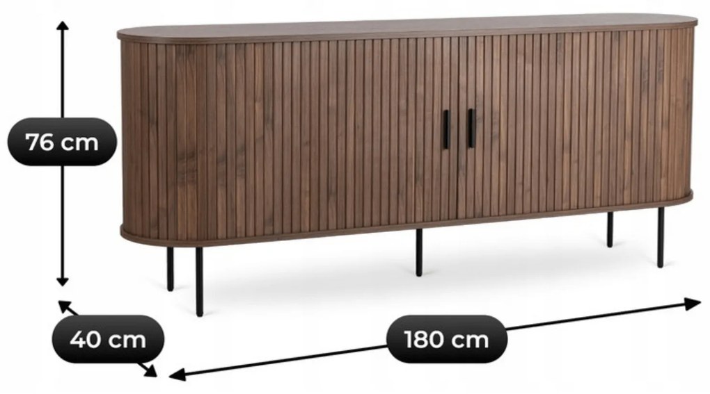 Komoda do Salonu Rozsuwana TRISH 180 cm Orzech Dwudrzwiowa Ryflowana Nowoczesna