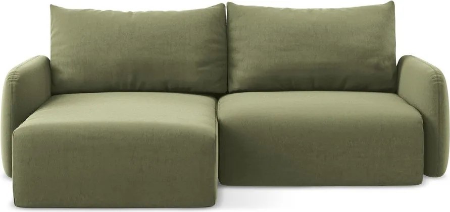 Zielony aksamitny rozkładany narożnik ze schowkiem (lewostronny/z szezlongiem) Kalena – Makamii