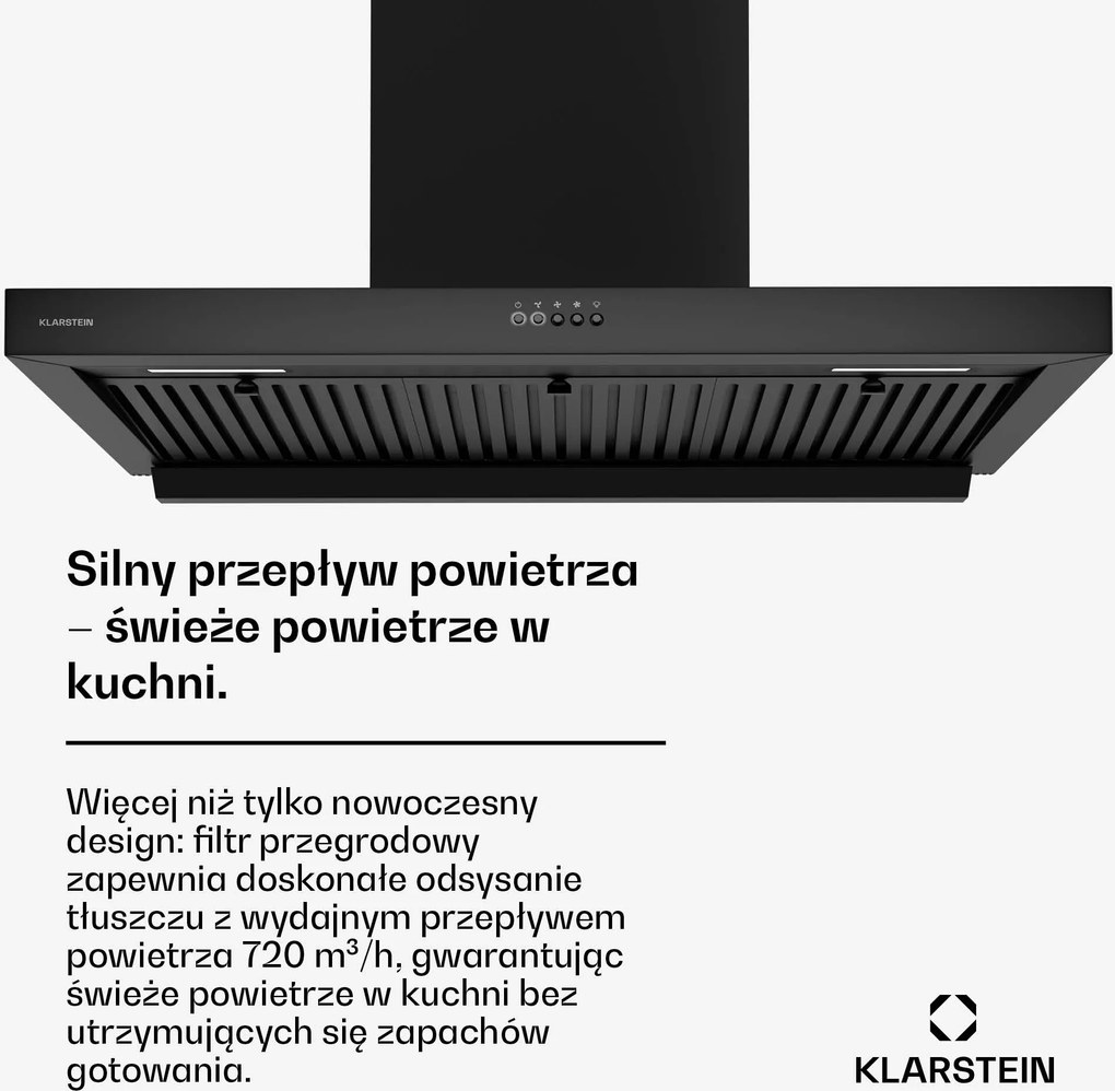 Klarstein AeroClean 90cm 721m³/h Okap Kominowy Czarny