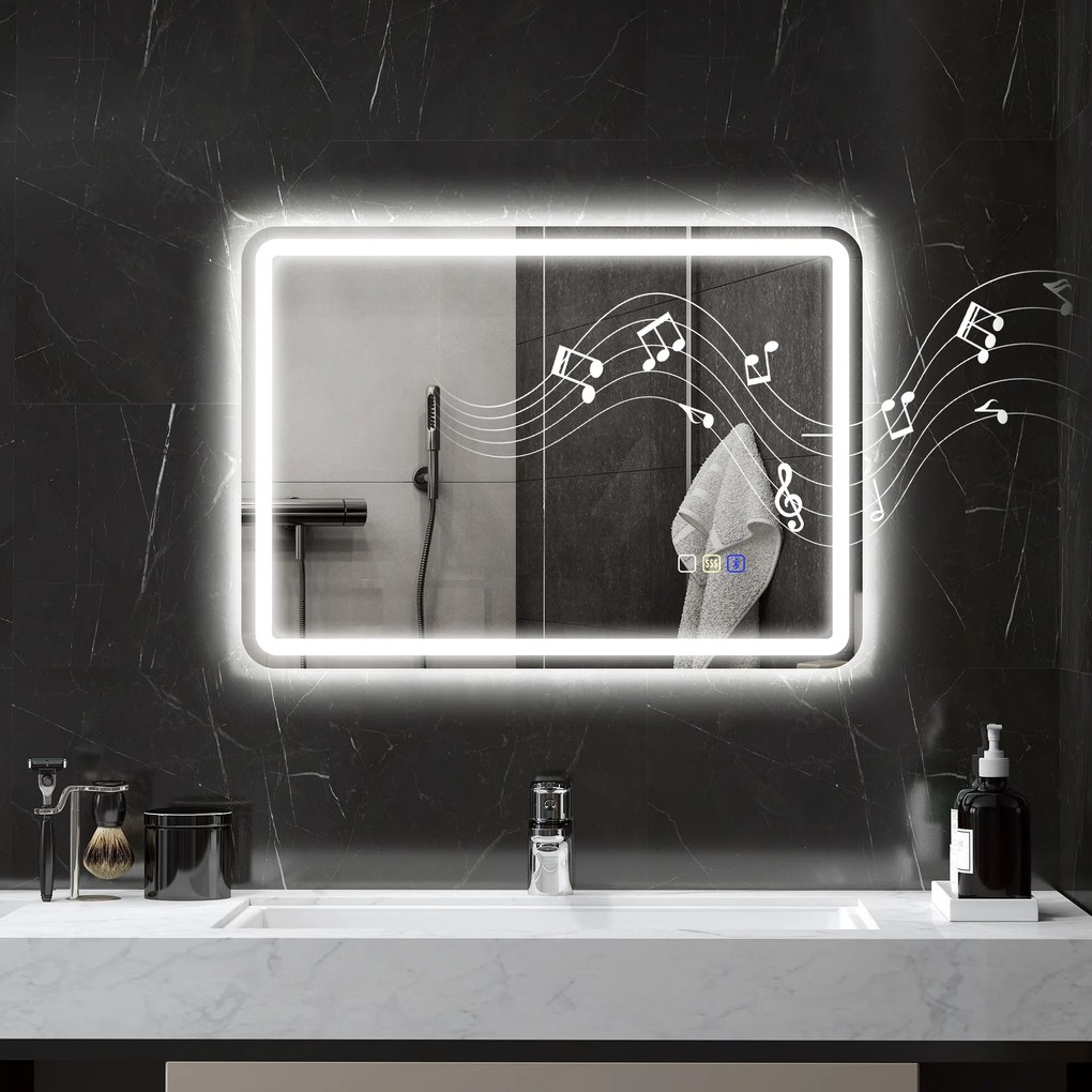 HOMCOM Lustro łazienkowe z oświetleniem LED, matą przeciwmgłową, 3 regulowanymi kolorami, 700 x 900 mm, Kolor srebrny