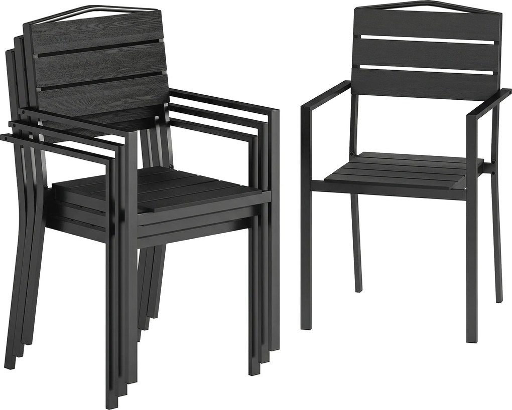 Outsunny Krzesła ogrodowe 4 szt. Sztaplowane krzesła tarasowe z lamelowym designem i podłokietnikami 52 x 51 x 90 cm Czarny | Aosom PL