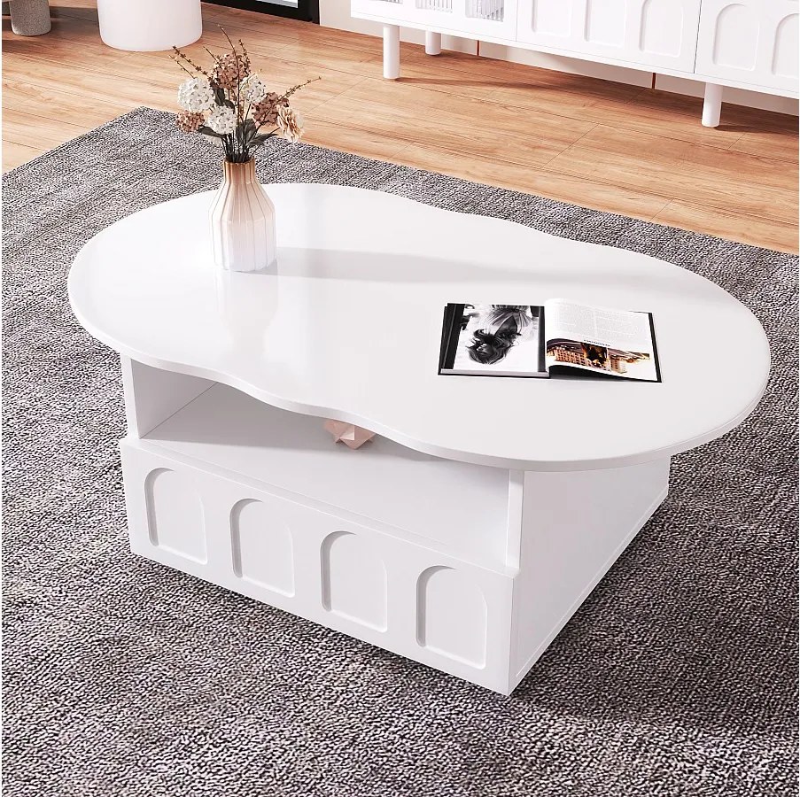 Stolik kawowy z szufladą i przegródką - 100 x 60 x 39,2 cm - Płyta wiórowa - Kształt chmurki - Kolor biały