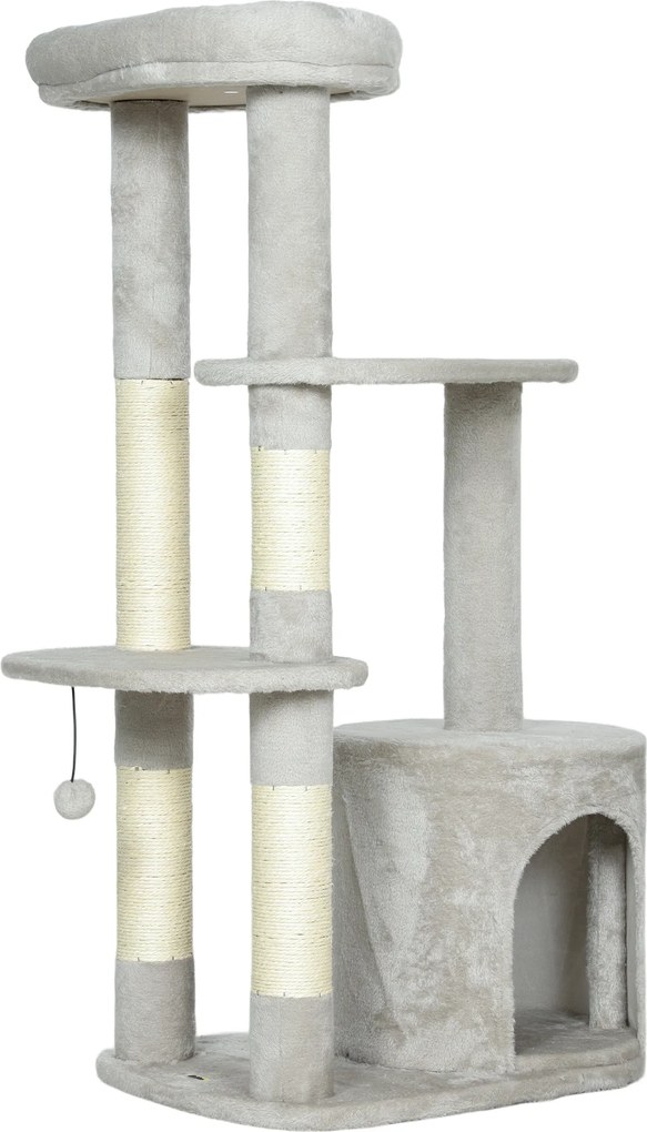 PawHut Drapak 114 cm wieża dla kota z kryjówką, słupki sizalowe, platforma, wielopoziomowy dla średnich kotów do 6 kg, Jasnoszary