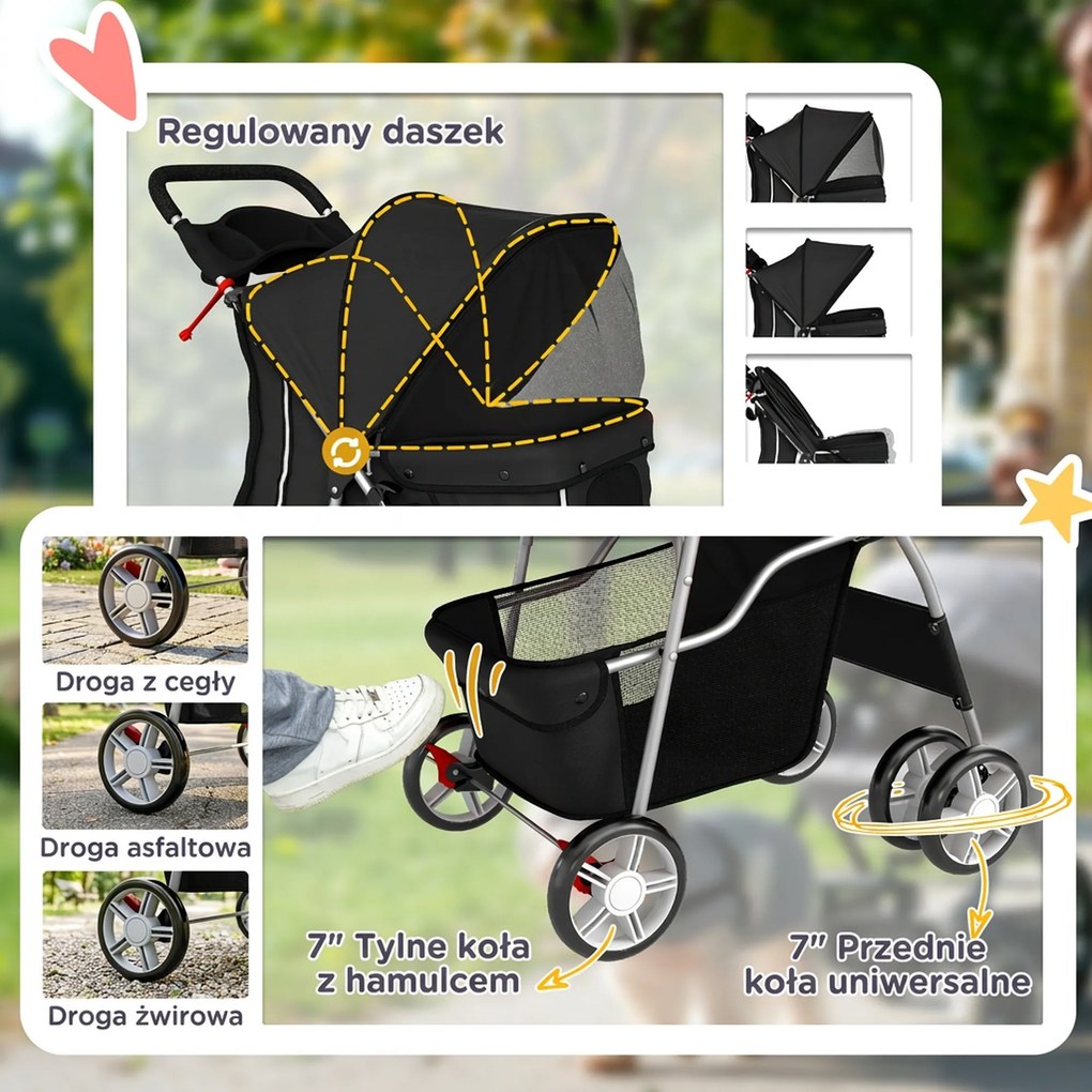 PawHut Wózek dla psa, składany wózek z odblaskami, koszem na zakupy i poduszką dla małych psów do 10 kg, 77x44x102 cm, czarny | Aosom PL